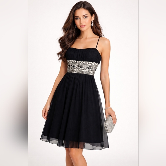 Tess Dresses & Skirts - Tess Size 6 Black Chiffon Lace Waist Cocktail Party Dress Embroidered Back Zip